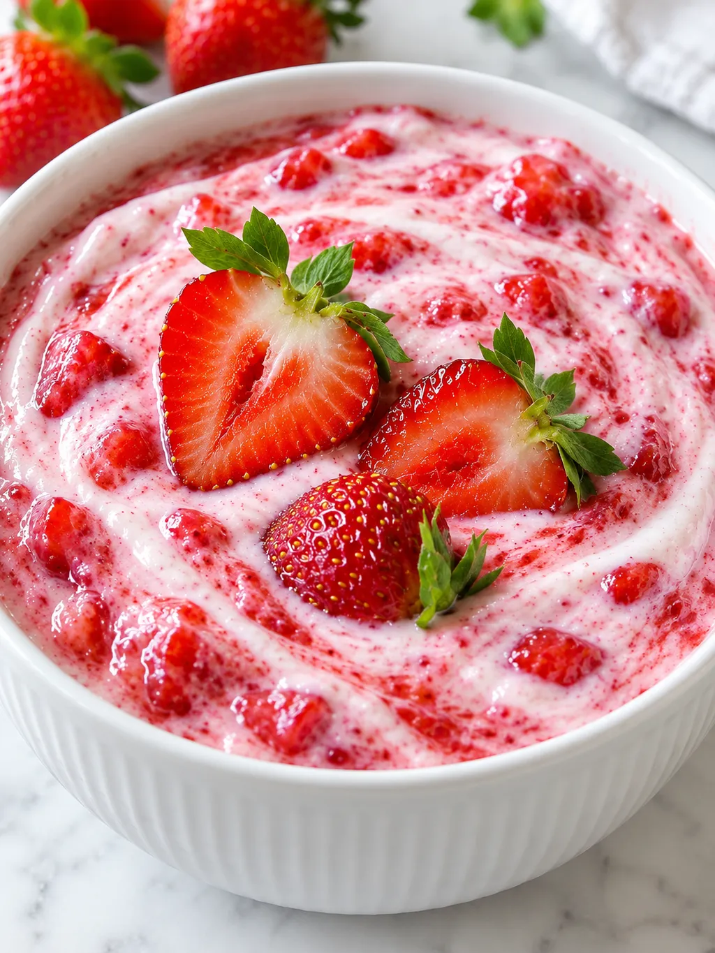 Kremowy jogurt truskawkowy ze świeżymi truskawkami w misce
