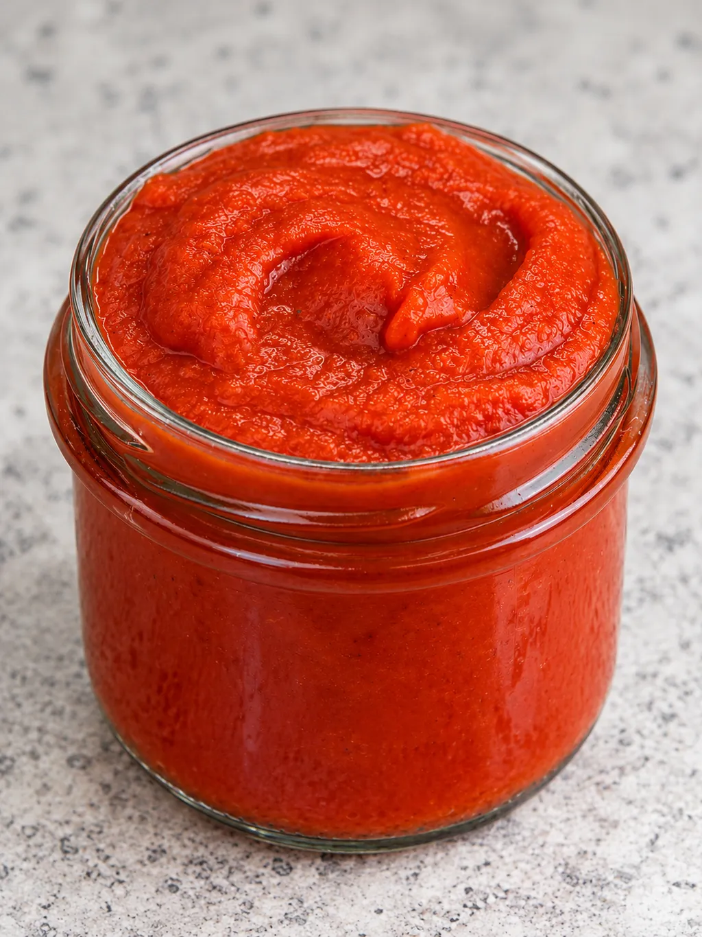 Gładki czerwony ketchup pomidorowy w otwartym słoiku