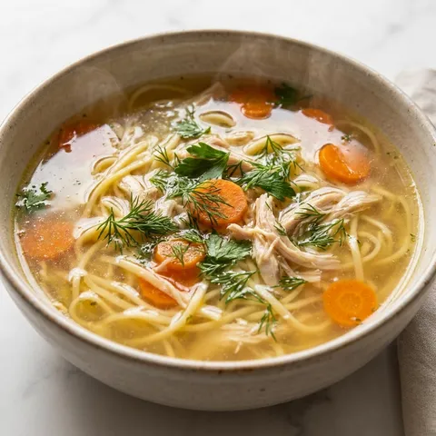 Golden chicken broth with thin noodles, carrot slices and fresh dill in a rustic bowl
