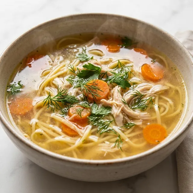 Golden chicken broth with thin noodles, carrot slices and fresh dill in a rustic bowl