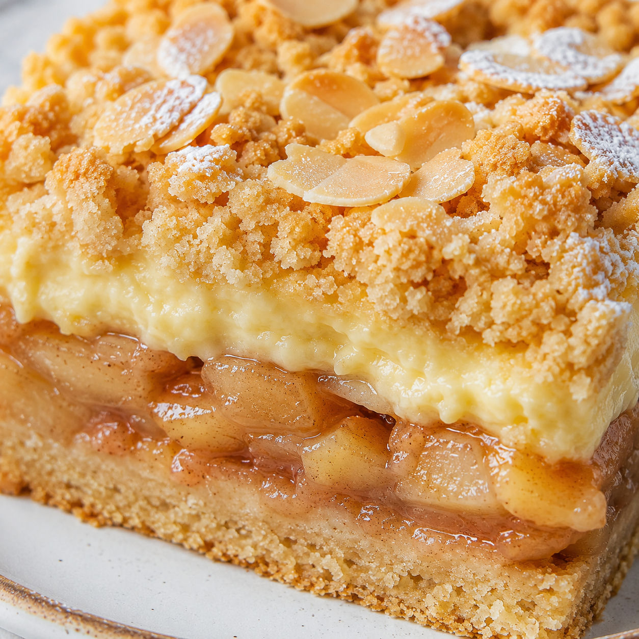 Polish apple pudding crumble cake with almond topping on a plate