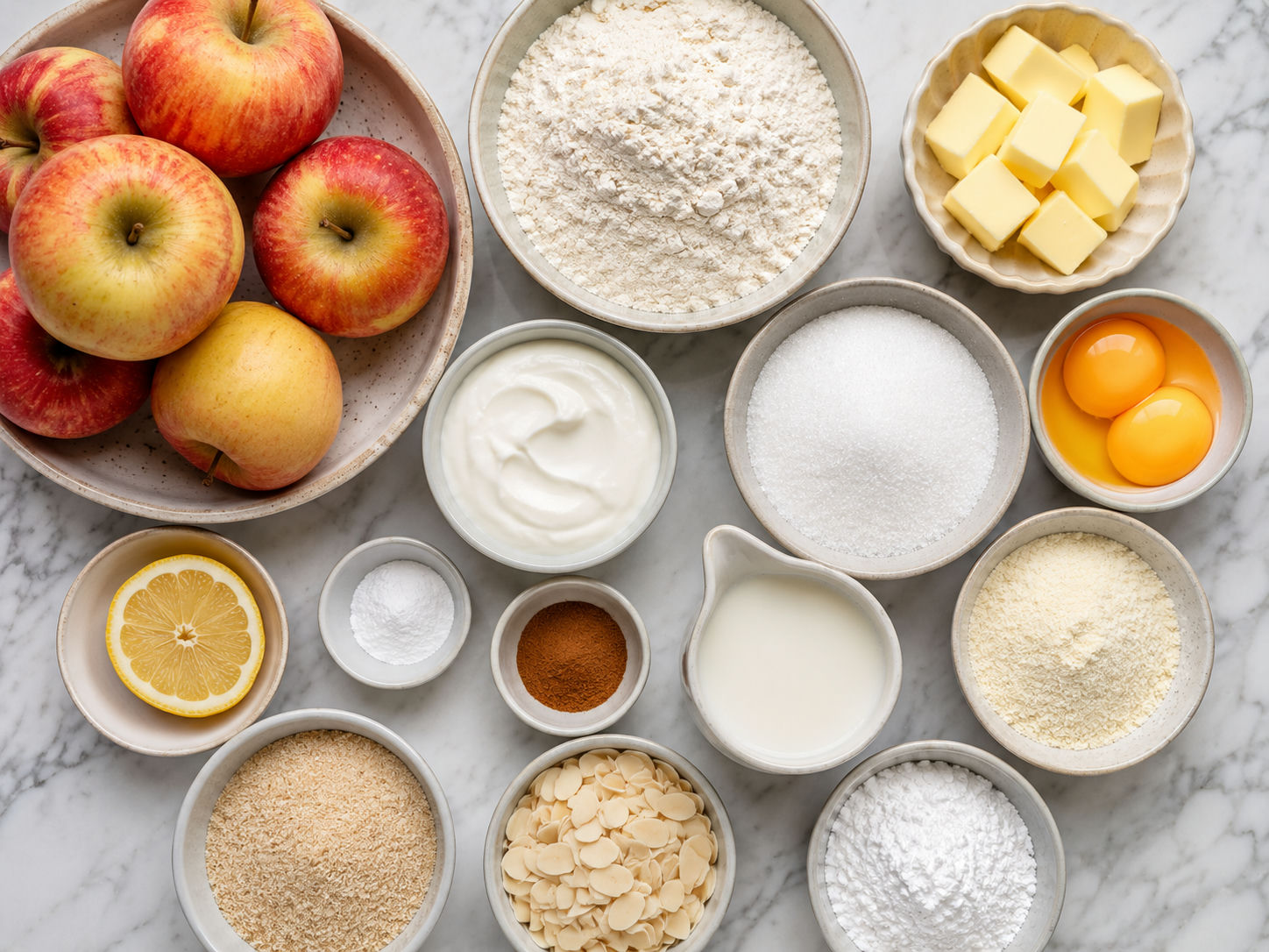 Ingredients for Polish apple pudding crumble cake on a wooden table