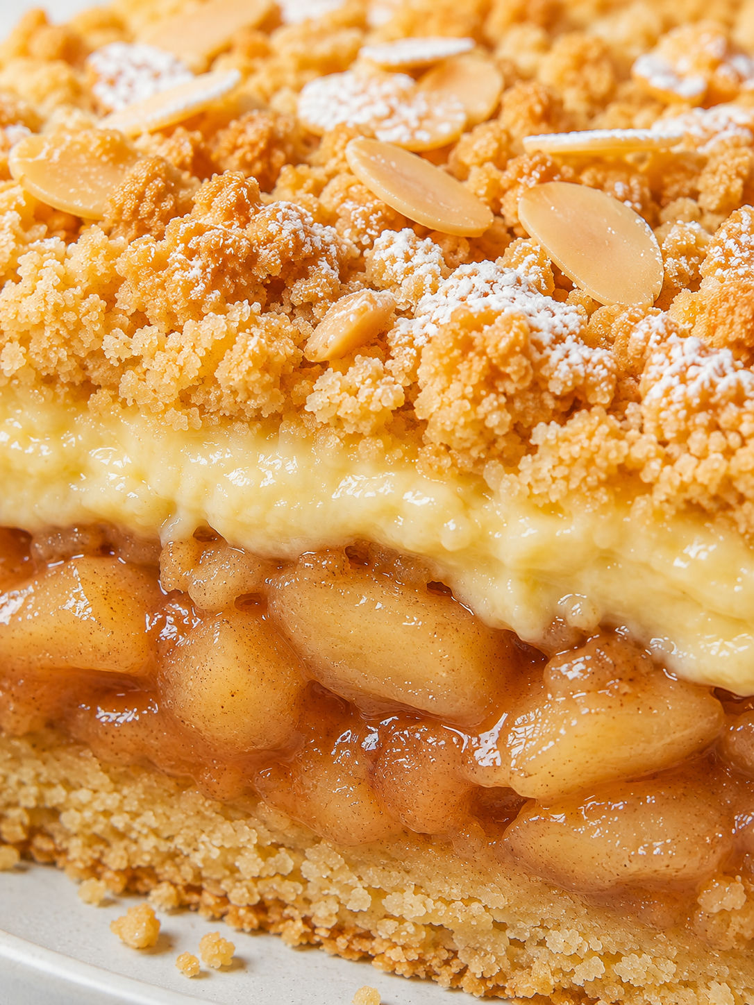 Tall slice of Polish apple pudding crumble cake with almond topping