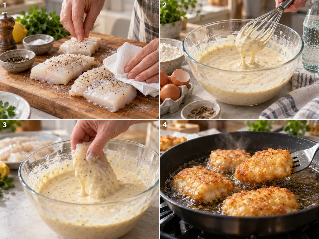 Cztery etapy przygotowania dorsza w cieście naleśnikowym