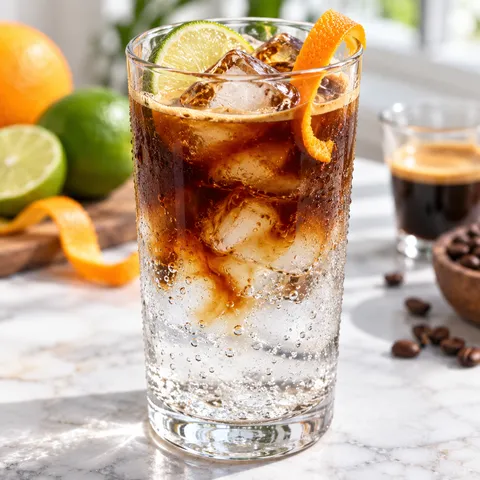Espresso tonic z lodem, pomarańczą i limonką w wysokiej szklance