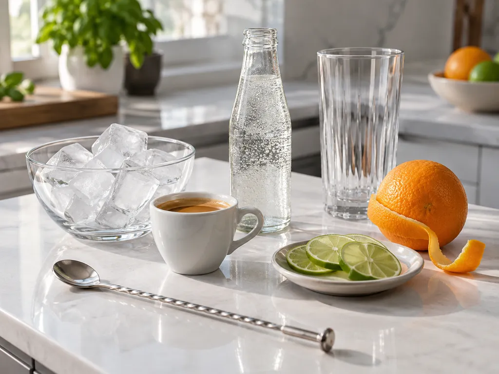 Składniki na espresso tonic z kawą, tonikiem, lodem i cytrusami