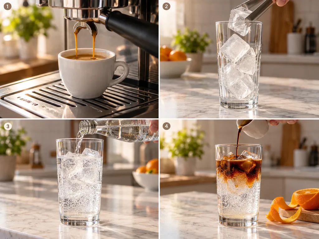 Cztery kroki przygotowania espresso tonic z lodem i tonikiem