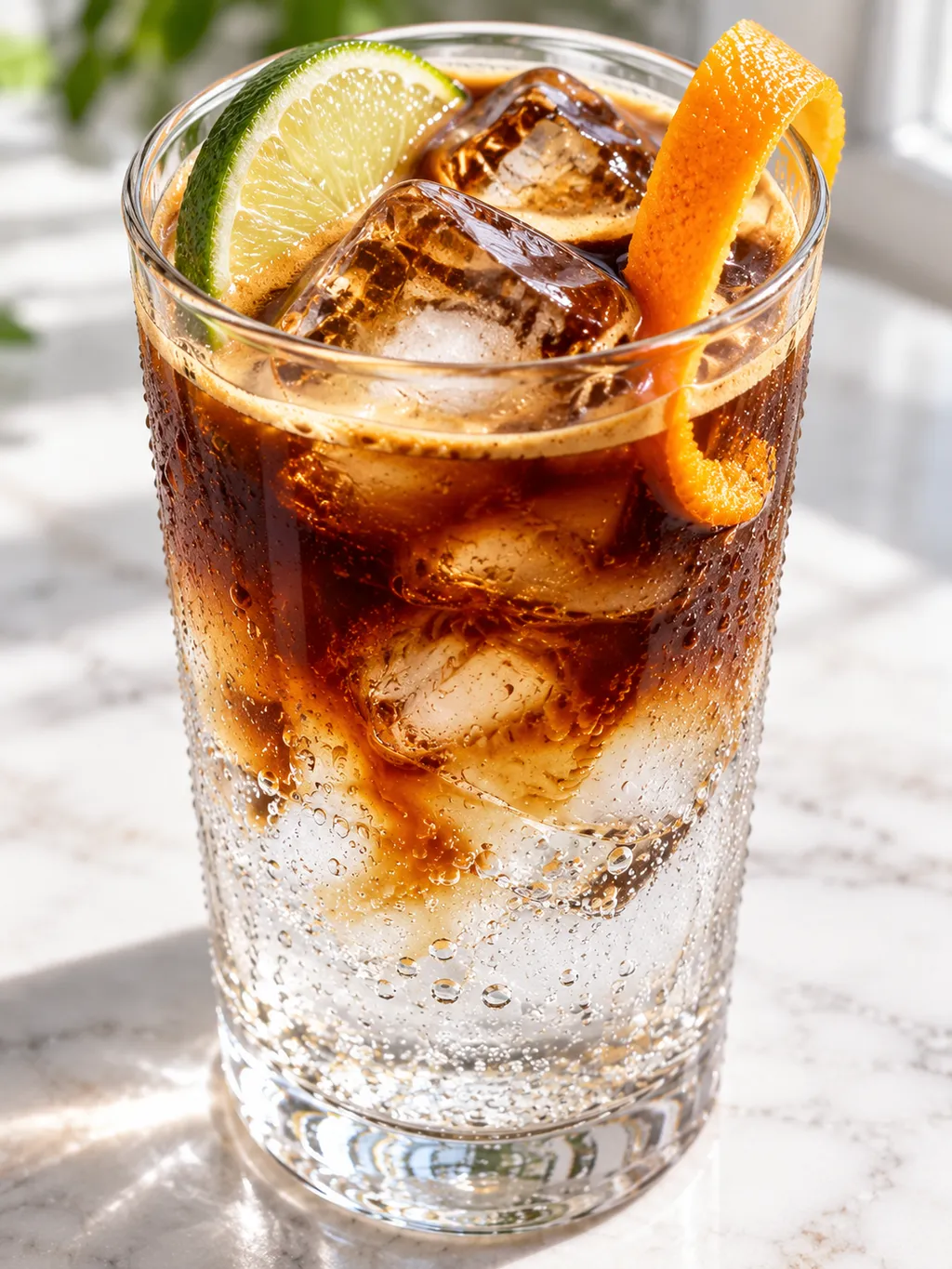 Warstwowy espresso tonic z lodem, pomarańczą i limonką
