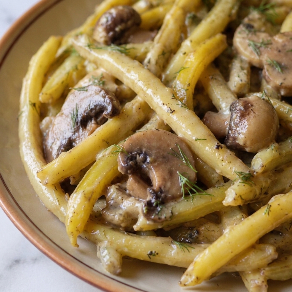 Green beans and mushrooms in creamy dill sauce in a rustic bowl