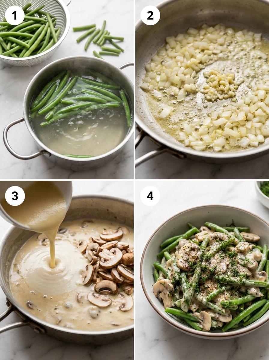 Four steps of cooking green beans and mushrooms in creamy dill sauce