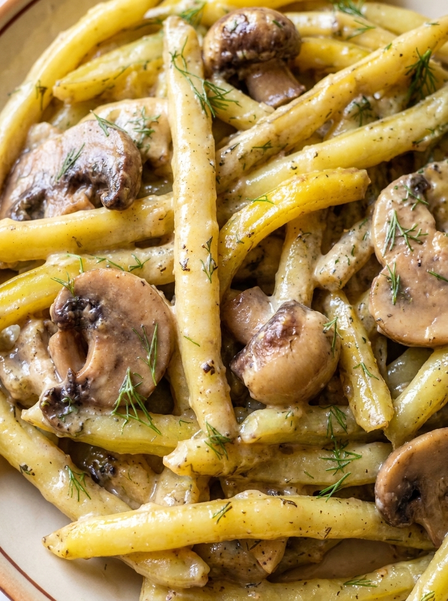 Top-down bowl of green beans and mushrooms in creamy dill sauce