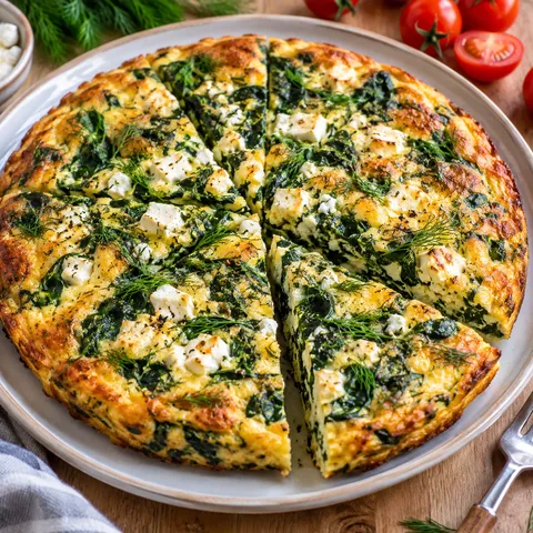 Frittata ze szpinakiem i fetą z koperkiem na jasnym talerzu