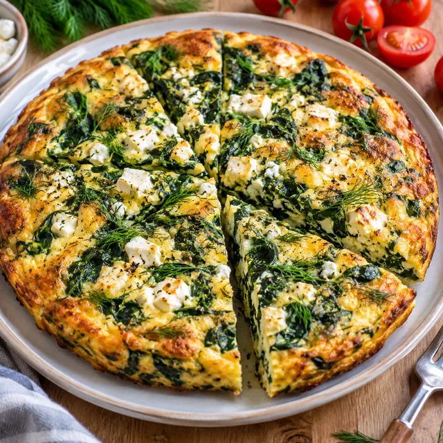 Frittata ze szpinakiem i fetą z koperkiem na jasnym talerzu