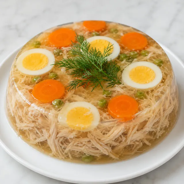 Glassy chicken aspic with egg and carrot slices on a white plate