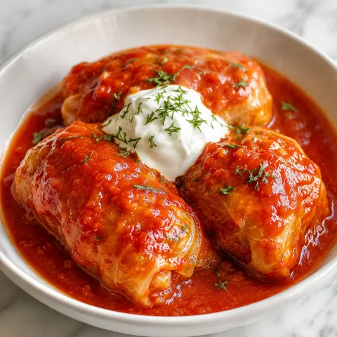Polish gołąbki stuffed cabbage rolls in tomato sauce with sour cream and dill
