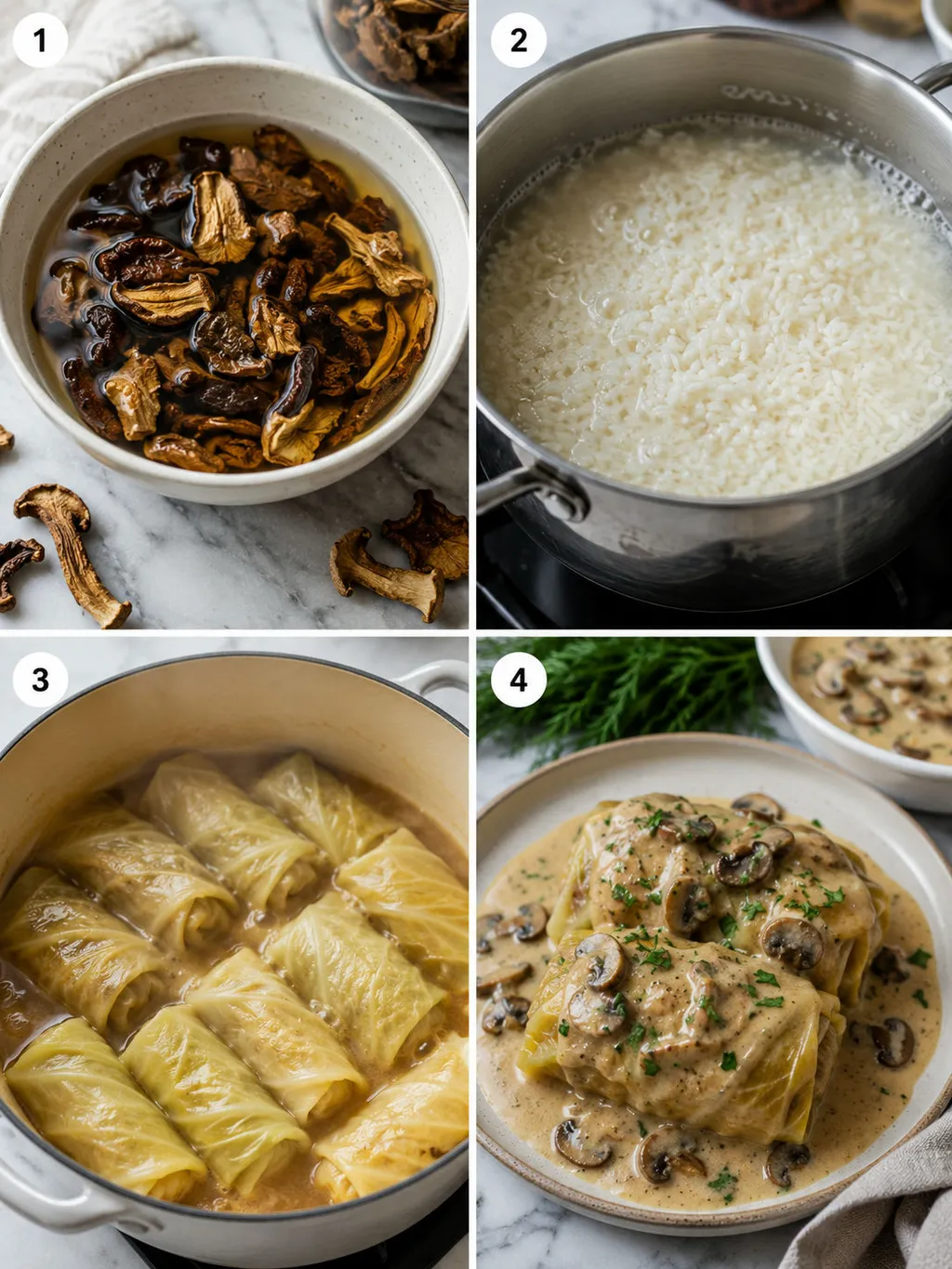 Four steps of making Polish gołąbki from blanching cabbage to adding mushroom sauce