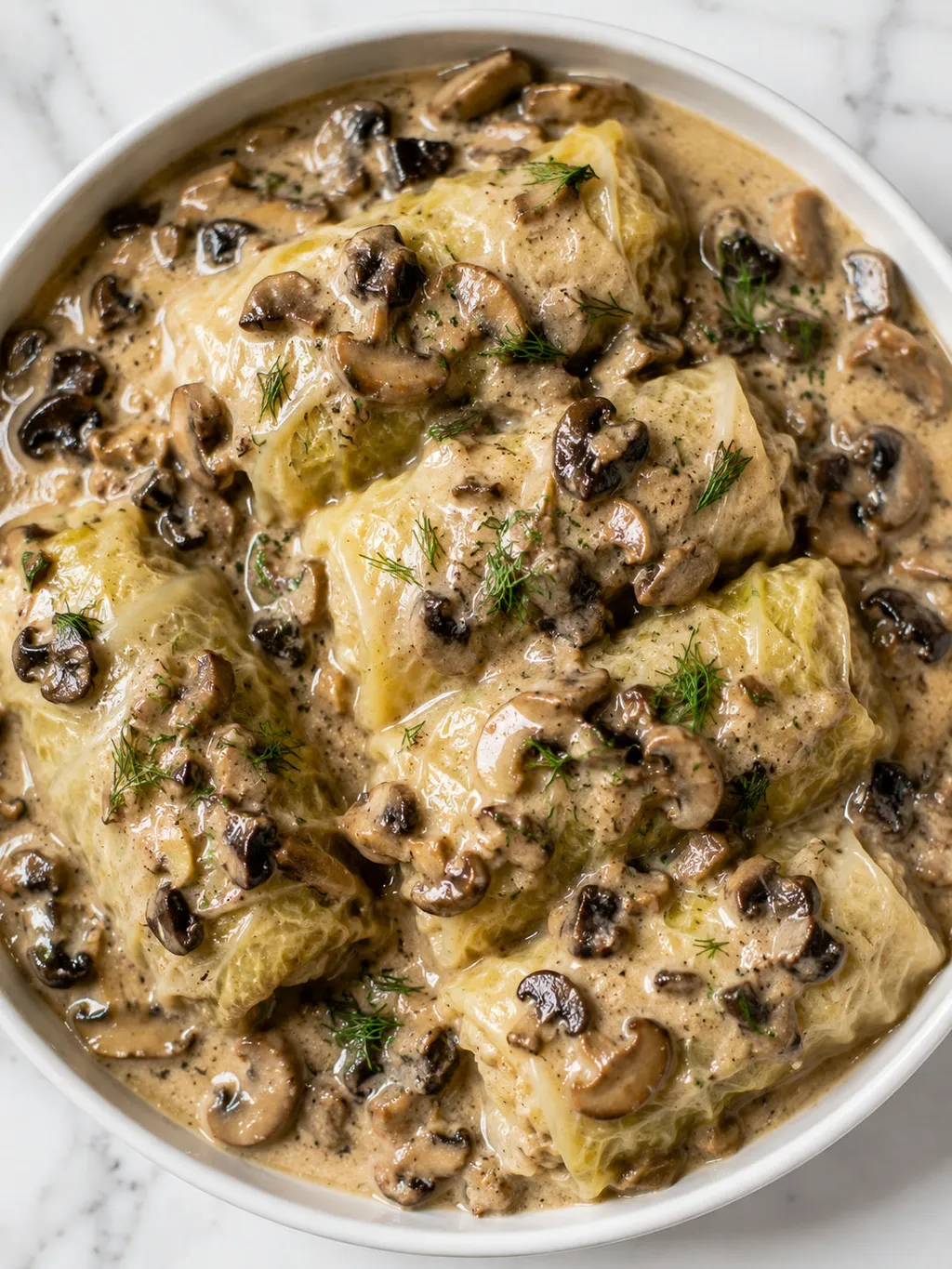 Top-down view of gołąbki cabbage rolls covered in creamy mushroom sauce on a plate