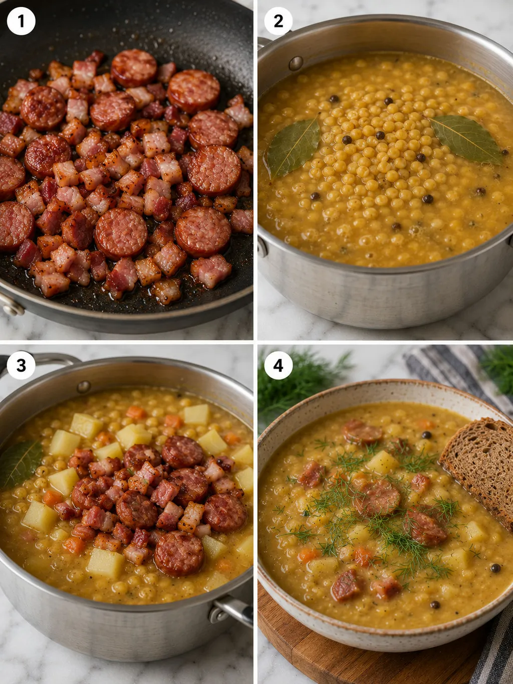 Four cooking steps of Polish pea soup from browning bacon to the thick finished soup