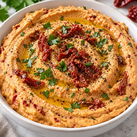 Hummus z suszonymi pomidorami, oliwą i natką w białej misce