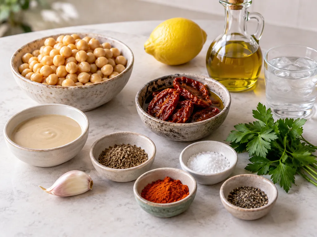 Składniki na hummus z ciecierzycy, tahini i suszonych pomidorów