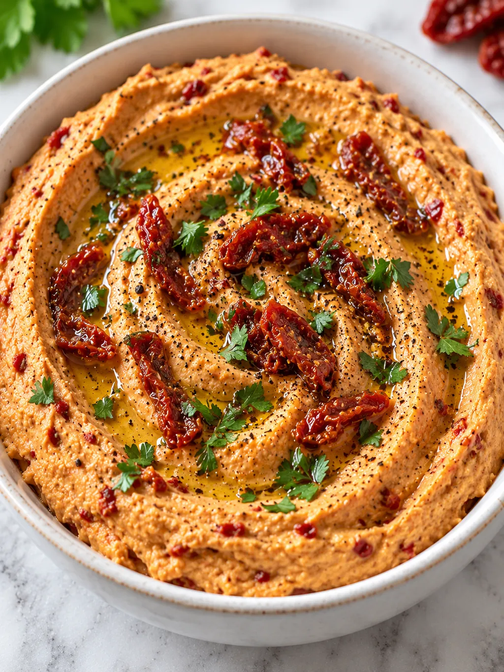 Kremowy hummus z suszonymi pomidorami, oliwą i natką