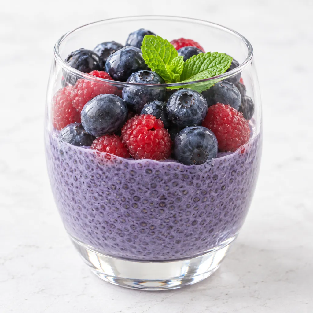 Jagodowy pudding chia w pucharku z malinami, borówkami i miętą