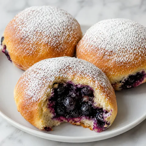 Golden jagodzianki yeast buns dusted with powdered sugar, one torn open with blueberry filling