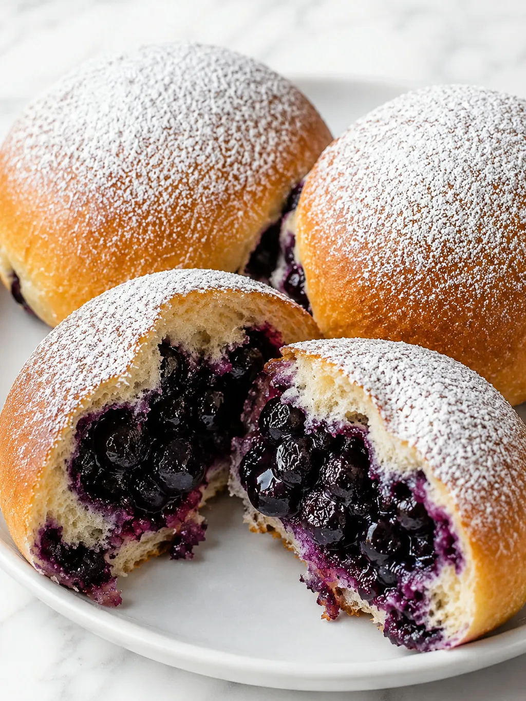 Jagodzianki yeast bun torn open showing blueberry filling and powdered sugar