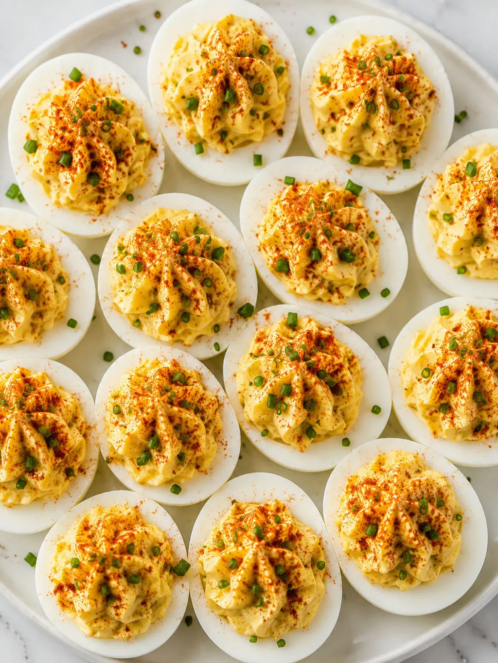 Top-down platter of stuffed eggs with creamy filling, chives, and paprika