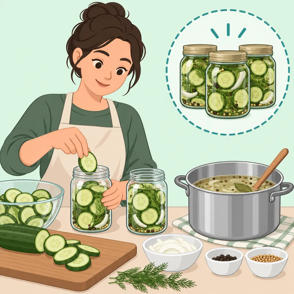 Ilustracja przygotowywania ogórków w słoikach jako bazy do mizerii na zimę.