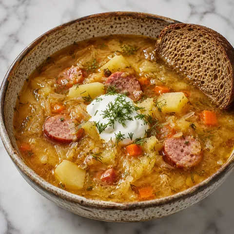 Bowl of kapuśniak sauerkraut soup with smoked sausage, potatoes and sour cream