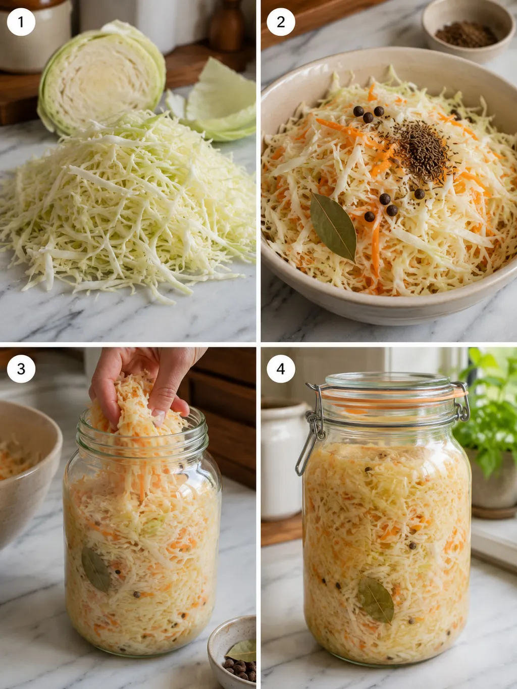 Four steps of shredding, salting, packing and weighing down homemade sauerkraut