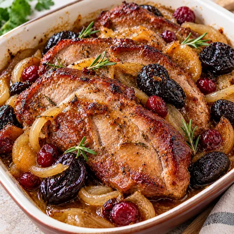 Karkówka pieczona w plastrach z cebulą, śliwkami i żurawiną
