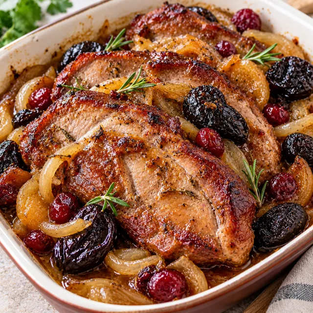 Karkówka pieczona w plastrach z cebulą, śliwkami i żurawiną