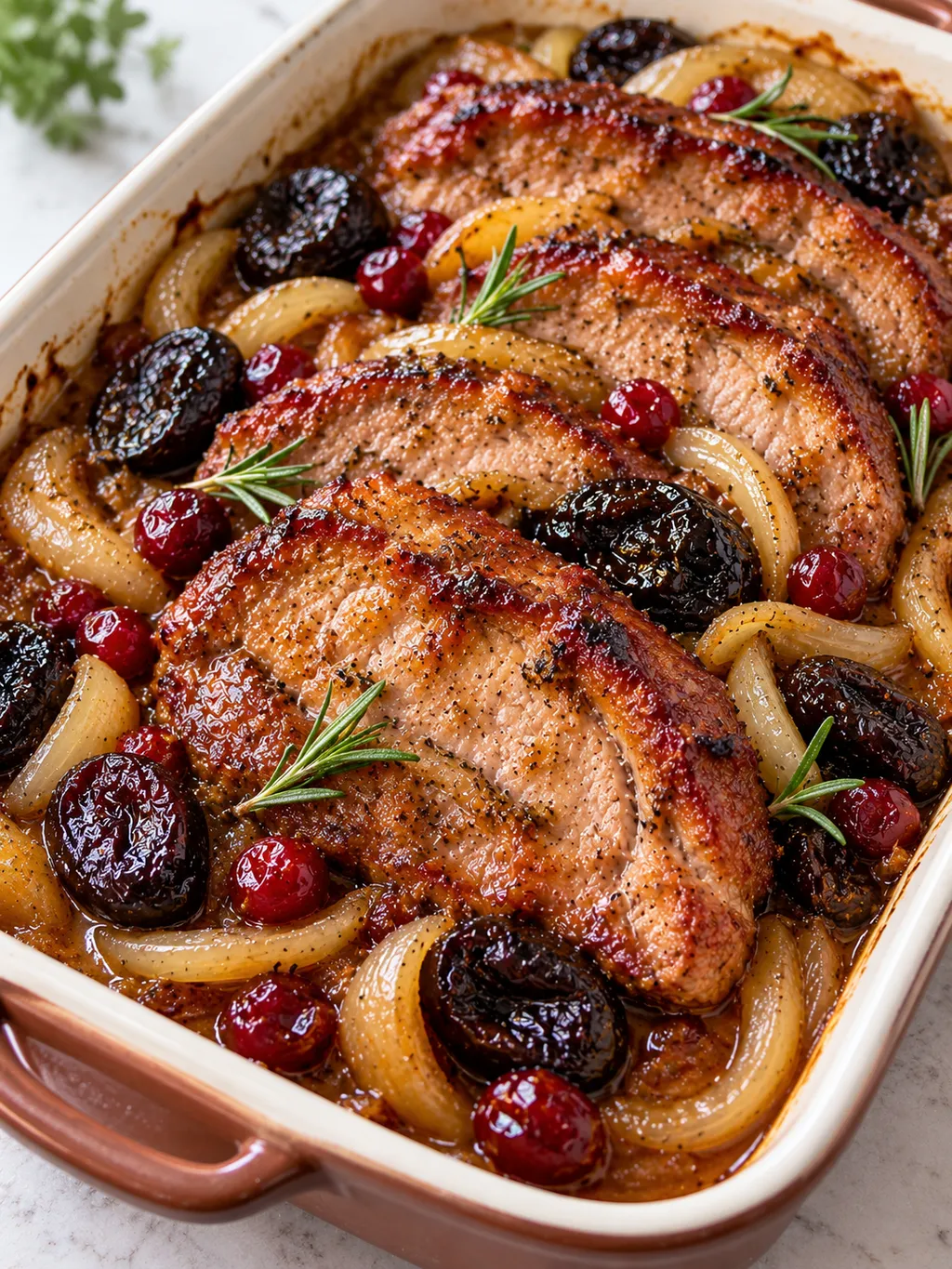 Pieczona karkówka w plastrach w sosie z cebulą i żurawiną