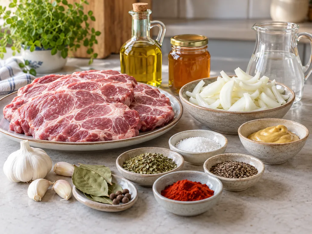Składniki na karkówkę pieczoną z cebulą i marynatą