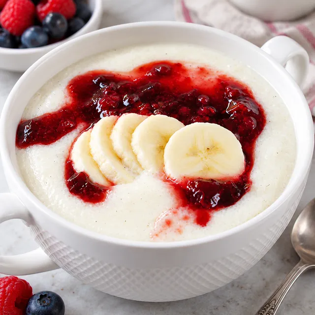 Kasza manna z bananem i czerwonym sosem owocowym w miseczce