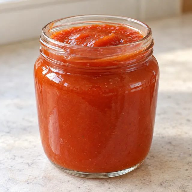 Gęsty ketchup z cukinii w małym szklanym słoiku