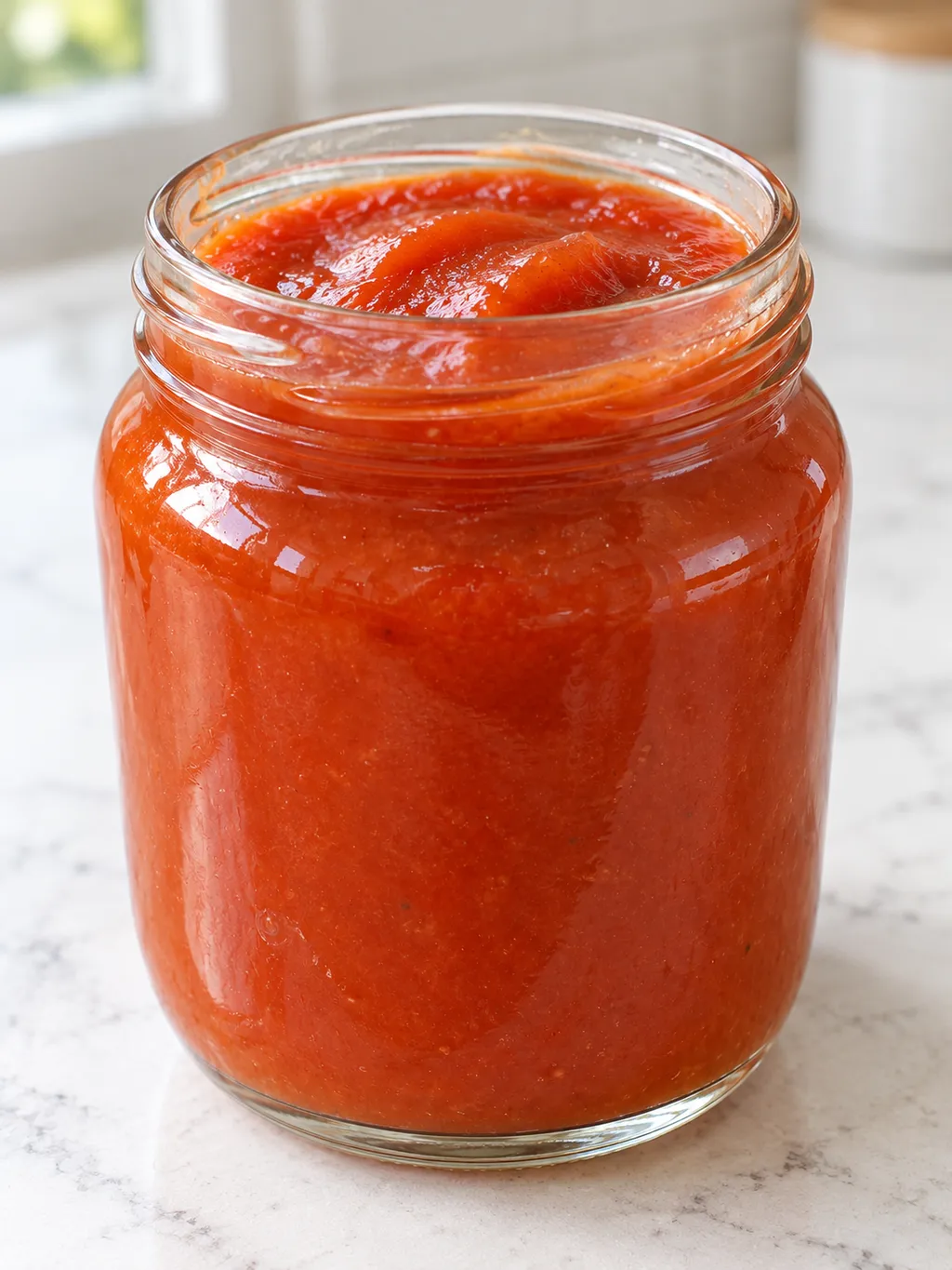Gęsty czerwony ketchup z cukinii w małym słoiku