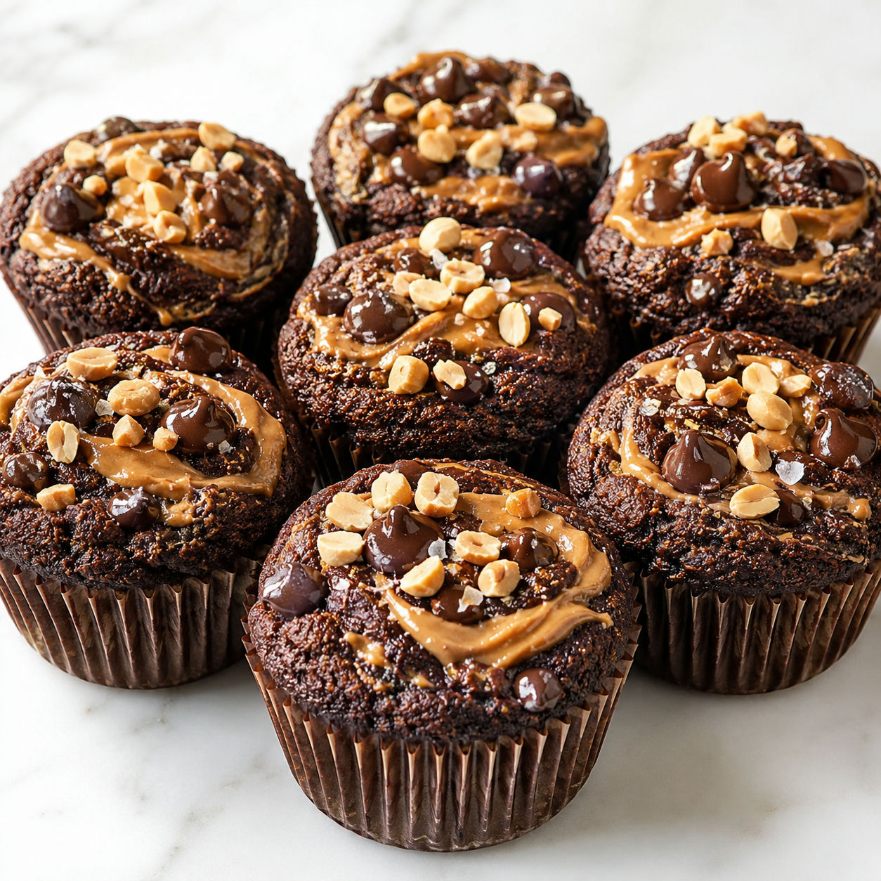 Keto chocolate peanut butter muffins with melted chocolate chips and peanuts
