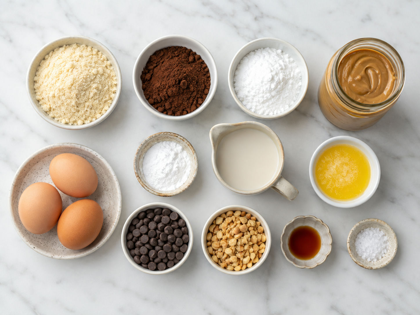 Ingredients for keto peanut butter chocolate muffins on a stone counter