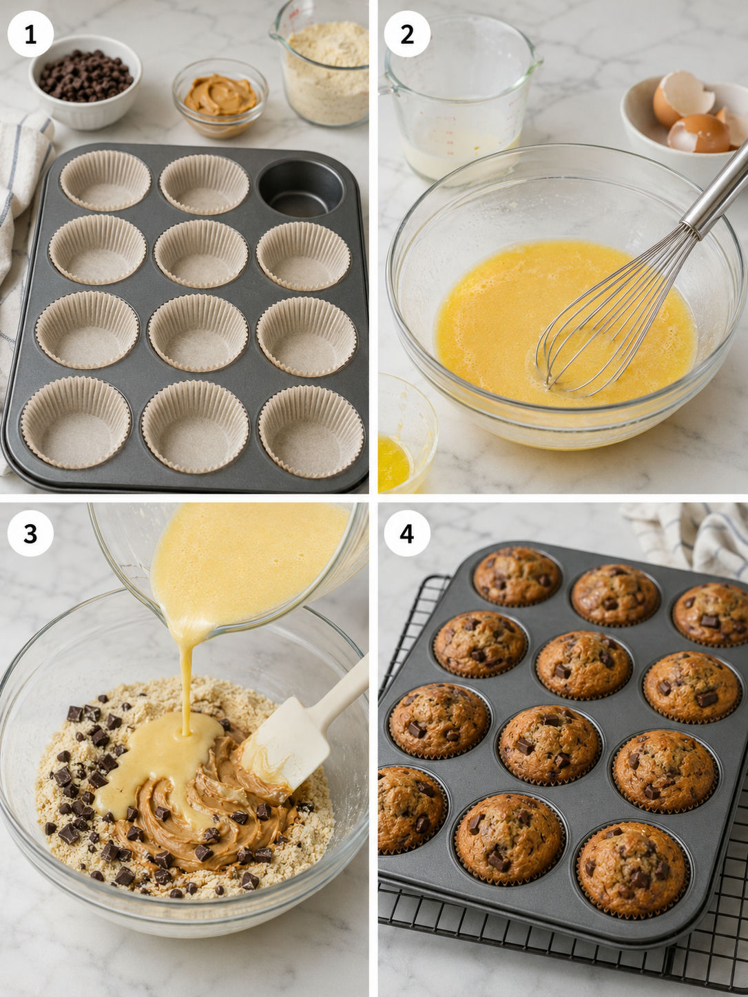Four steps for mixing and filling keto chocolate peanut butter muffins