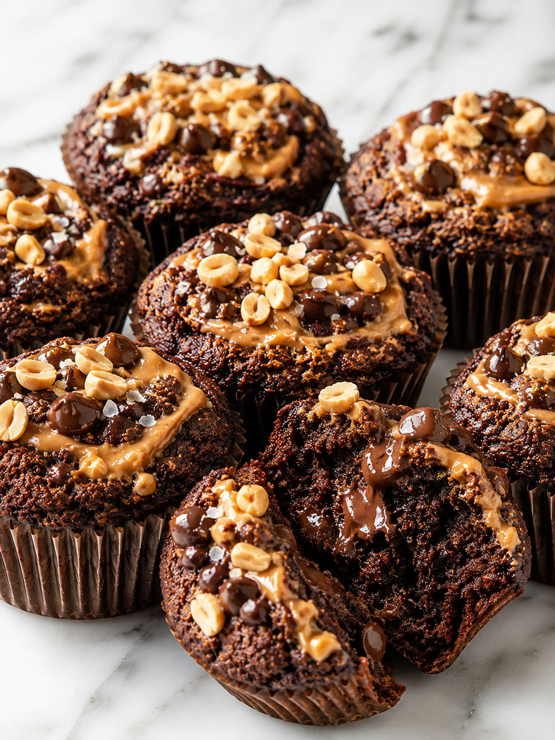 Split keto chocolate peanut butter muffin with melted chips and peanut topping