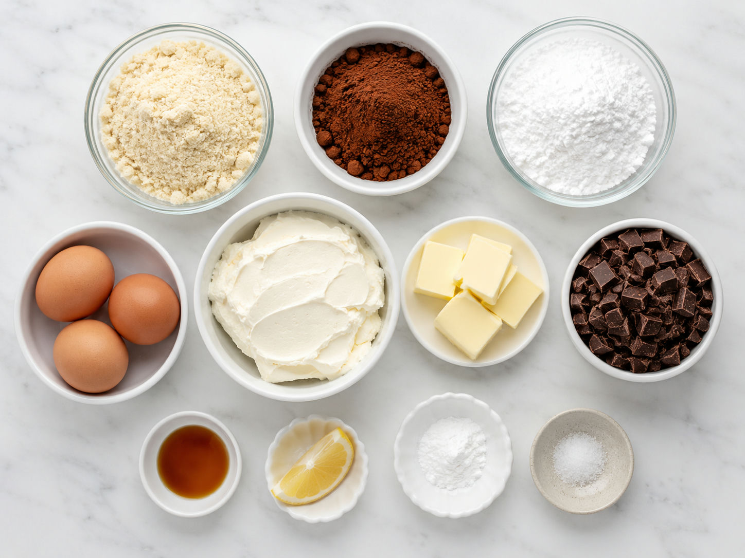 Składniki na keto brownie sernikowe z kakao, serkiem i jajkami