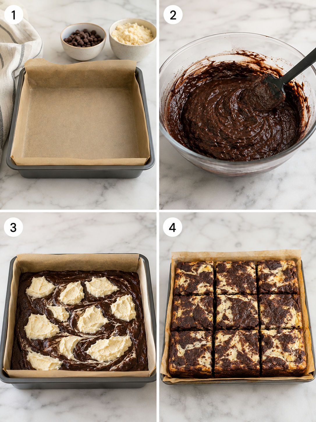 Etapy przygotowania keto brownie sernikowego z marmurkową masą