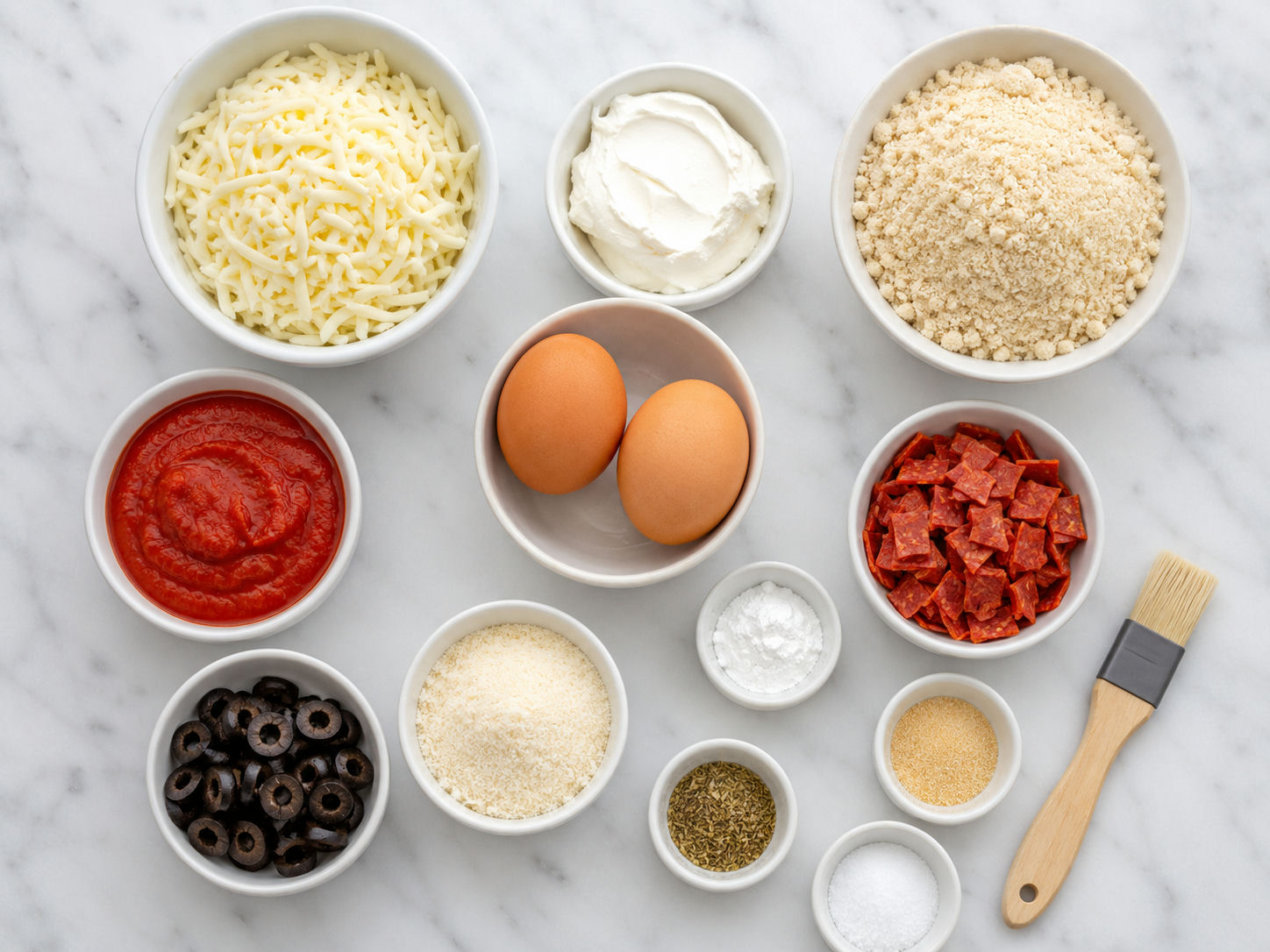 Składniki na keto bułeczki pizza z mozzarellą i mąką migdałową