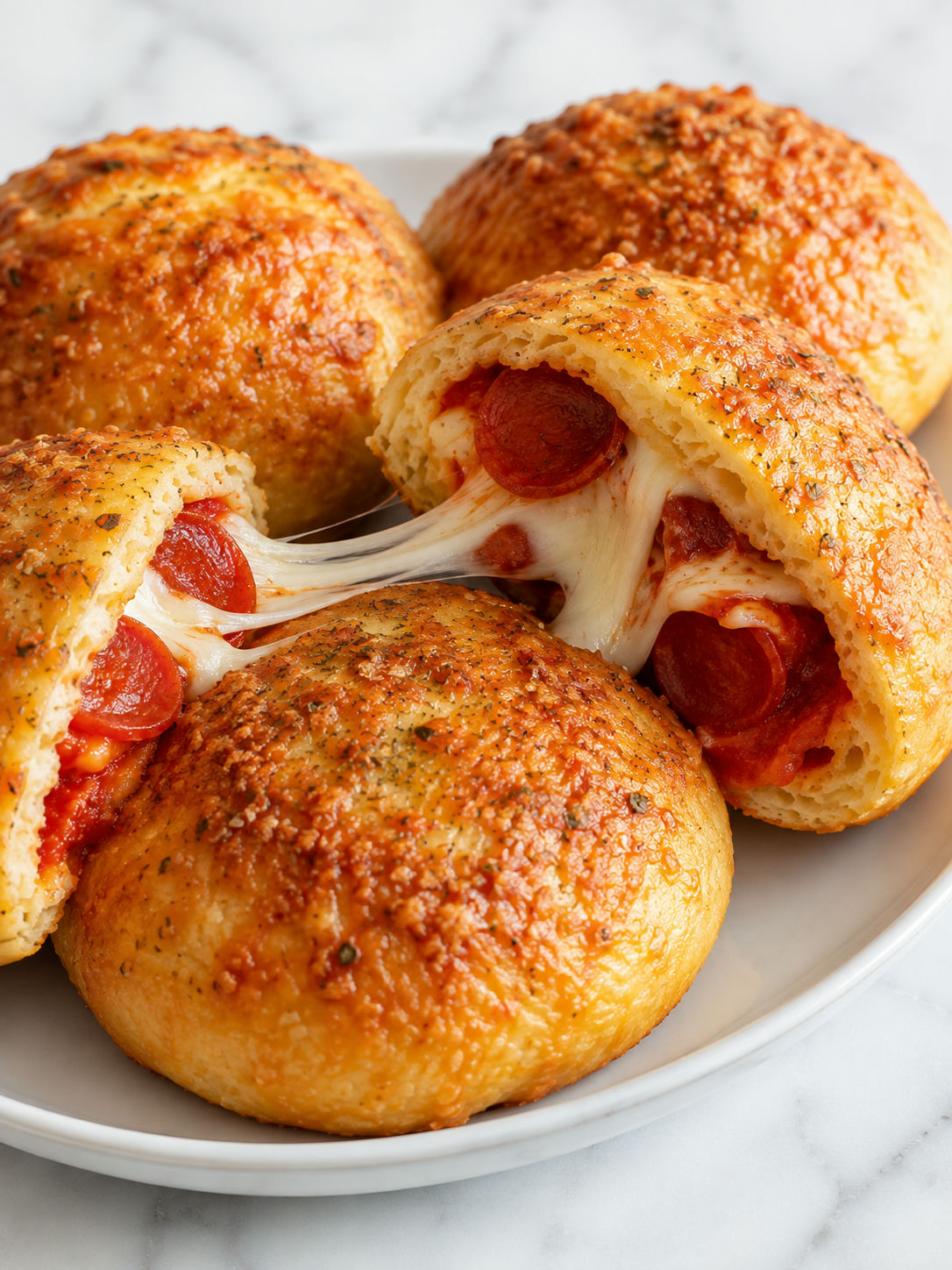 Rumiane keto bułeczki pizza z ciągnącą mozzarellą i pepperoni