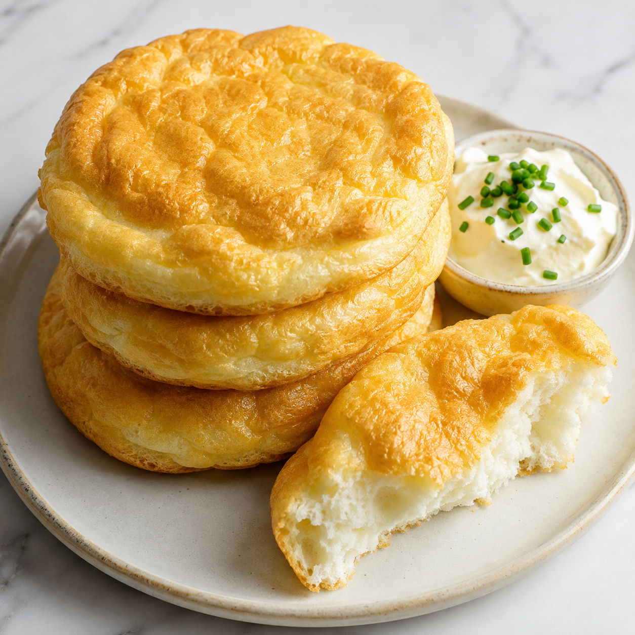Golden keto cloud bread rounds stacked on a pale plate with chives