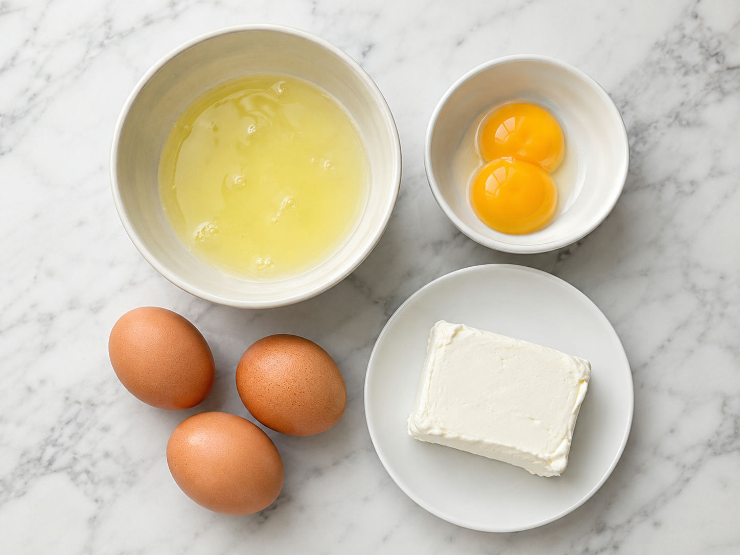 Eggs, egg whites, yolks and cream cheese for keto cloud bread