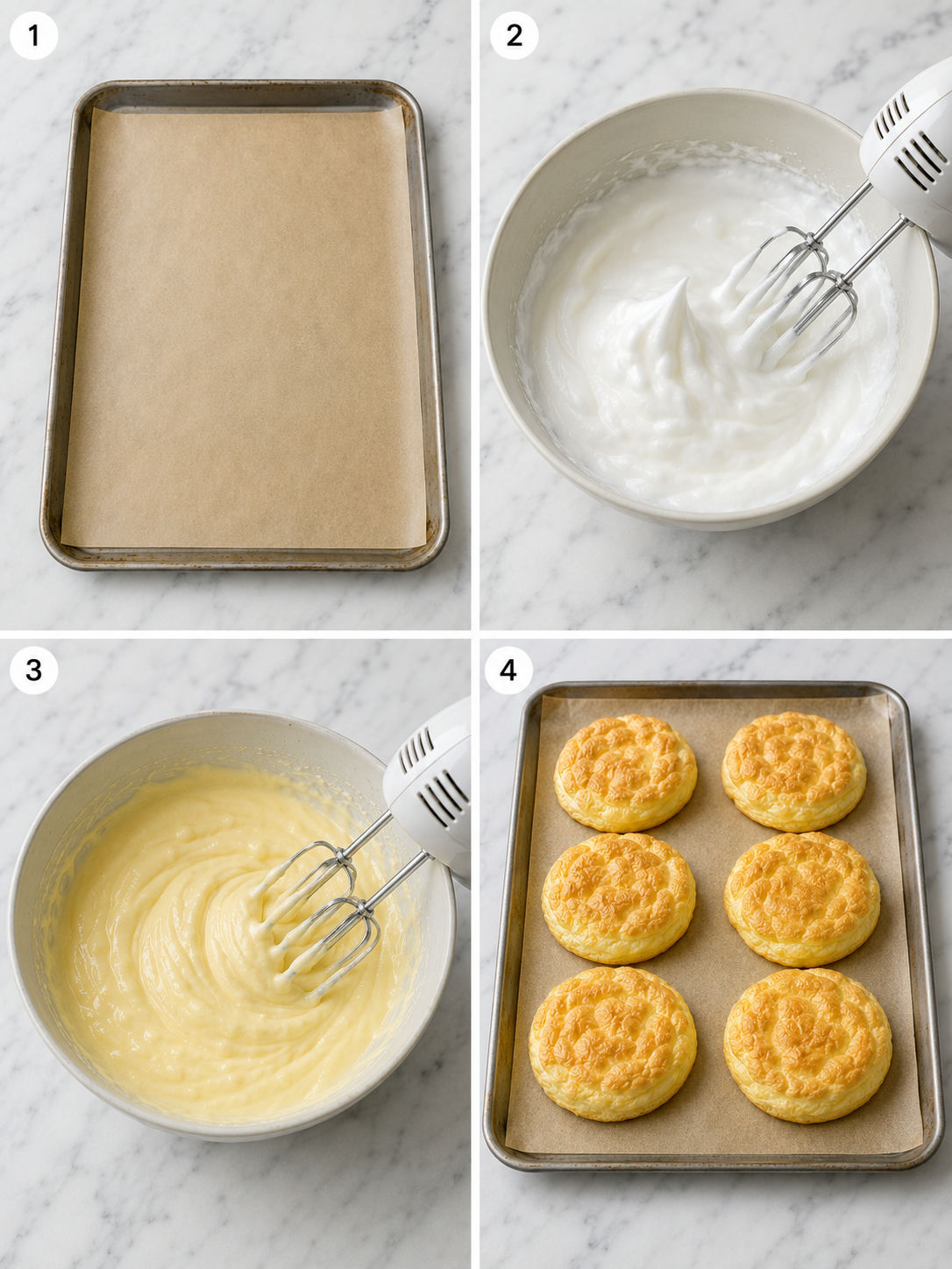 Four steps for making keto cloud bread from eggs and cream cheese